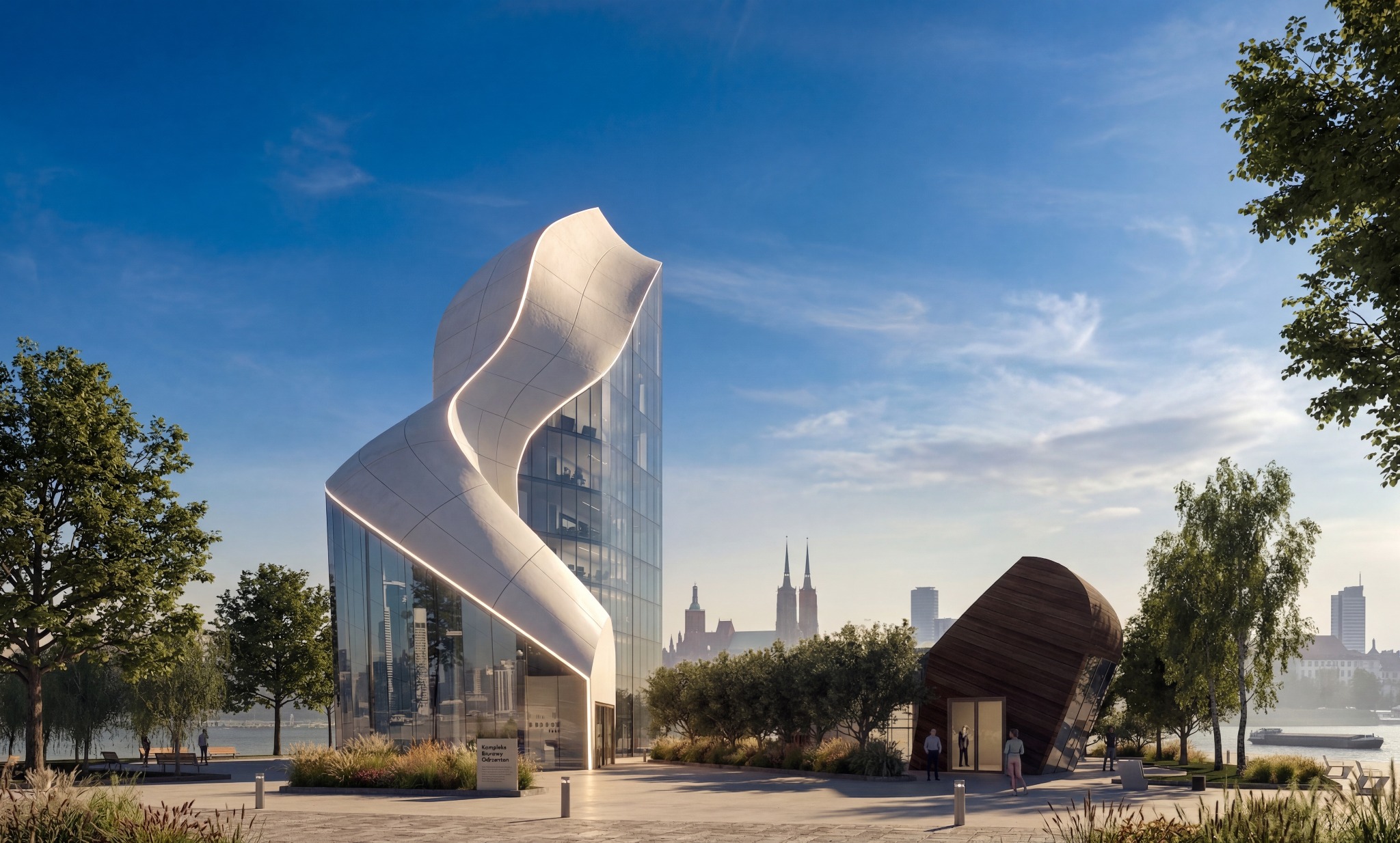 Nowoczesny budynek biurowy z falującą, białą fasadą i szklaną elewacją, na tle błękitnego nieba i zieleni miejskiej. Widoczna sylwetka katedry w oddali.