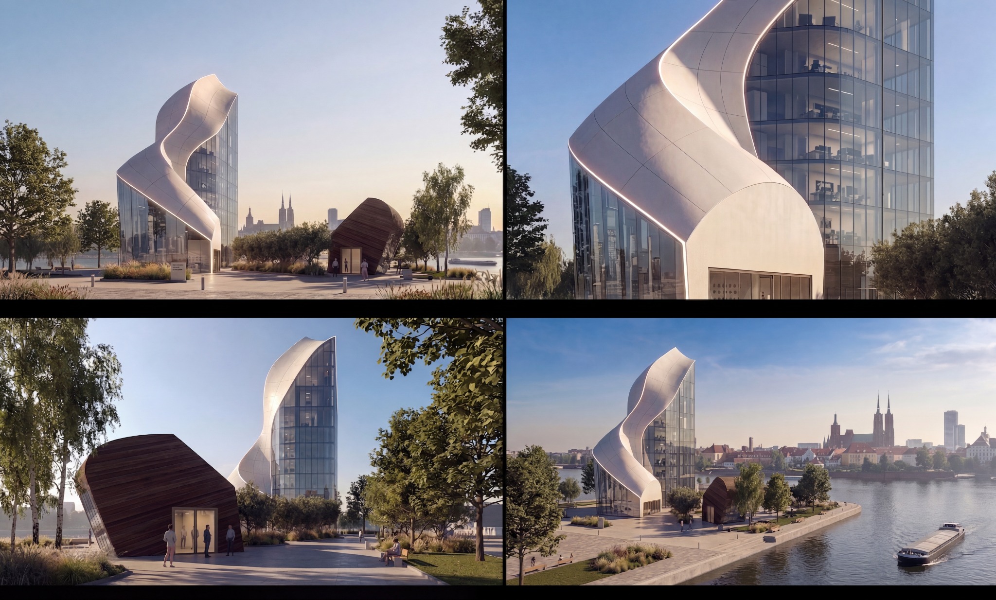Wizualizacja budynku usługowego o unikalnej, falującej fasadzie, zlokalizowanego nad rzeką. Widoczne otoczenie miejskie i zieleń. Ujęcie z różnych perspektyw.