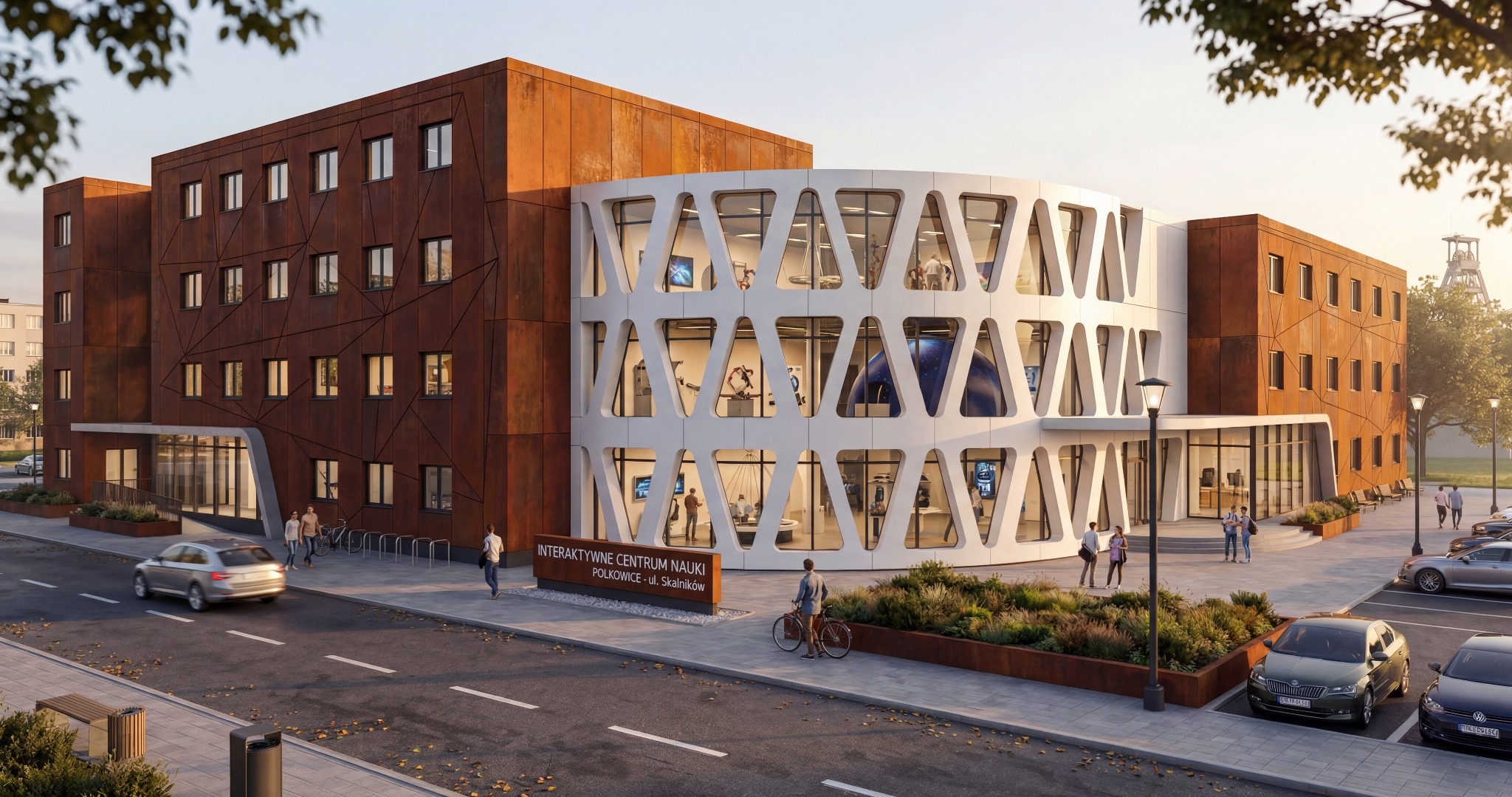 Wizualizacja budynku Interaktywnego Centrum Nauki w Polkowicach. Nowoczesna architektura z elementami rdzy i białymi, geometrycznymi oknami. Otoczenie: chodnik, zieleń, parking.
