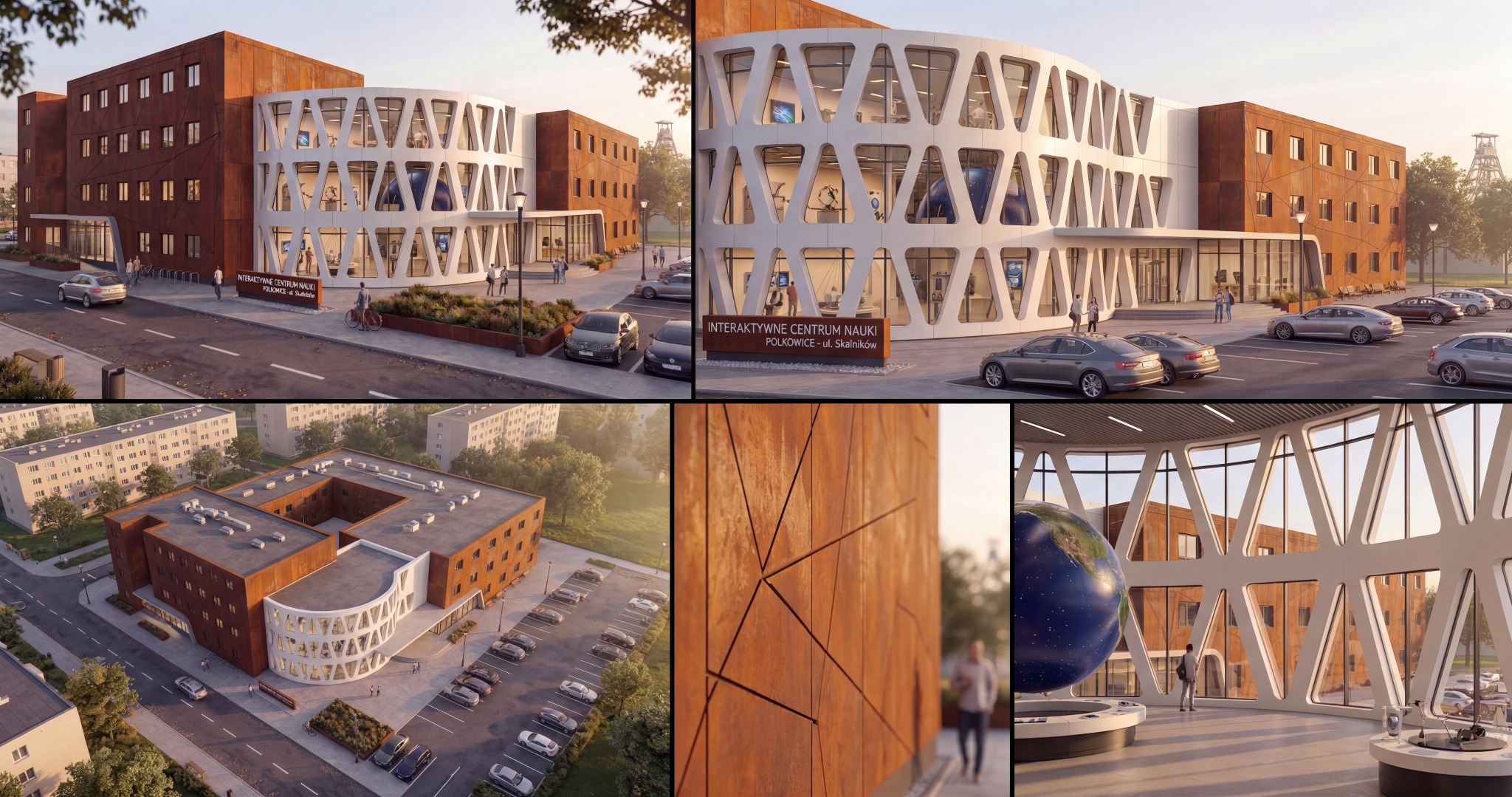 Wizualizacja budynku Interaktywnego Centrum Nauki w Polkowicach. Nowoczesna architektura z elementami rdzy i białymi, trójkątnymi przeszkleniami. Widok z zewnątrz i wnętrza.