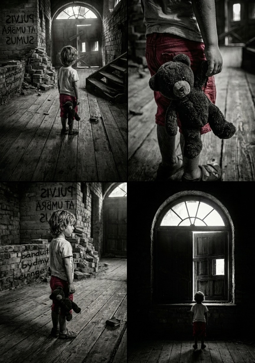 Czarno-biała kompozycja czterech ujęć: chłopiec z misiem w opuszczonym budynku, ceglane ściany z napisami, drewniane podłogi i schody, okno z otwartymi drzwiami.