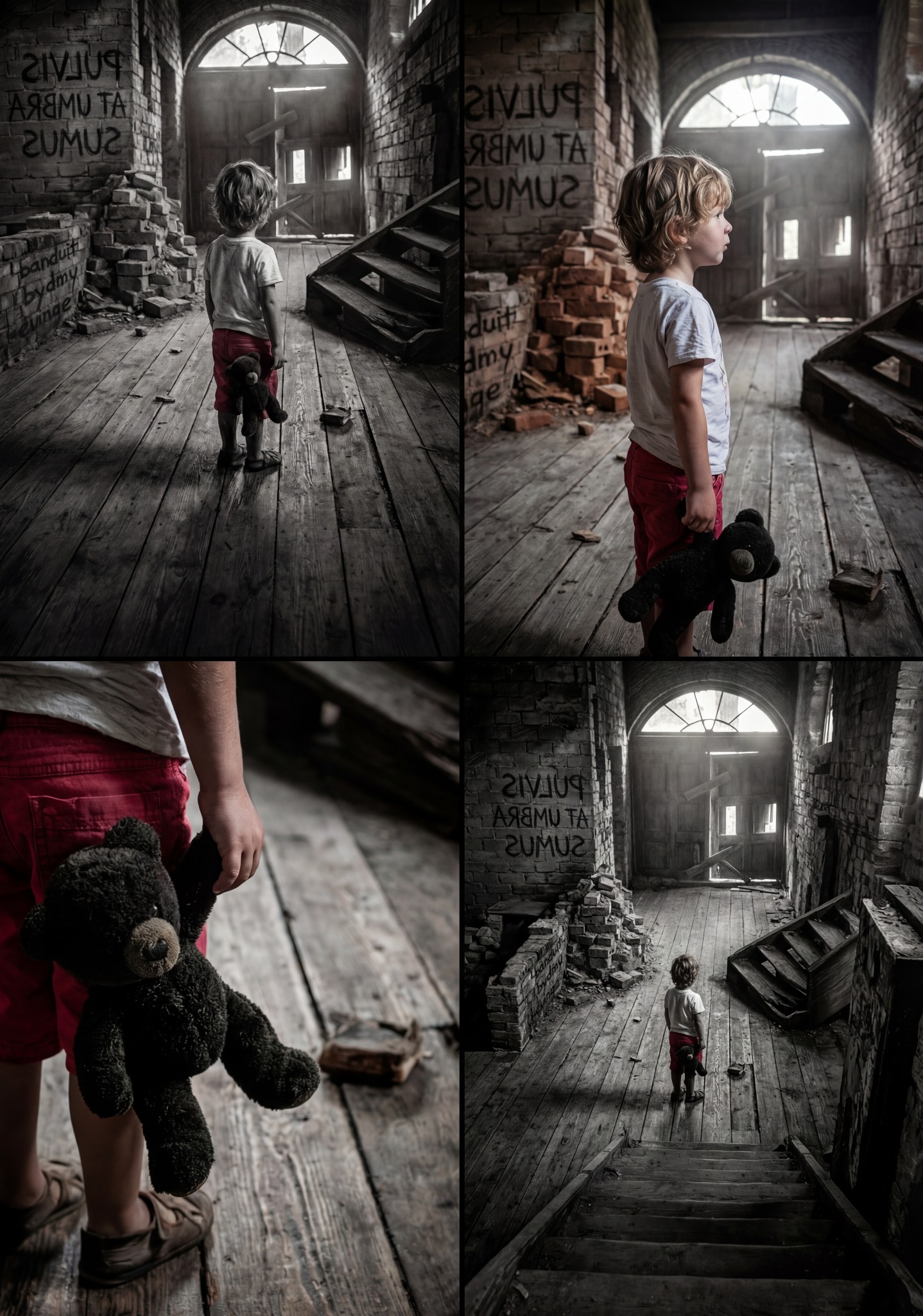 Czarno-biała kompozycja czterech ujęć: chłopiec z misiem w zrujnowanym wnętrzu. Napisy na ścianach, gruz, drewniane schody. Mroczny klimat, gra światła i cienia.
