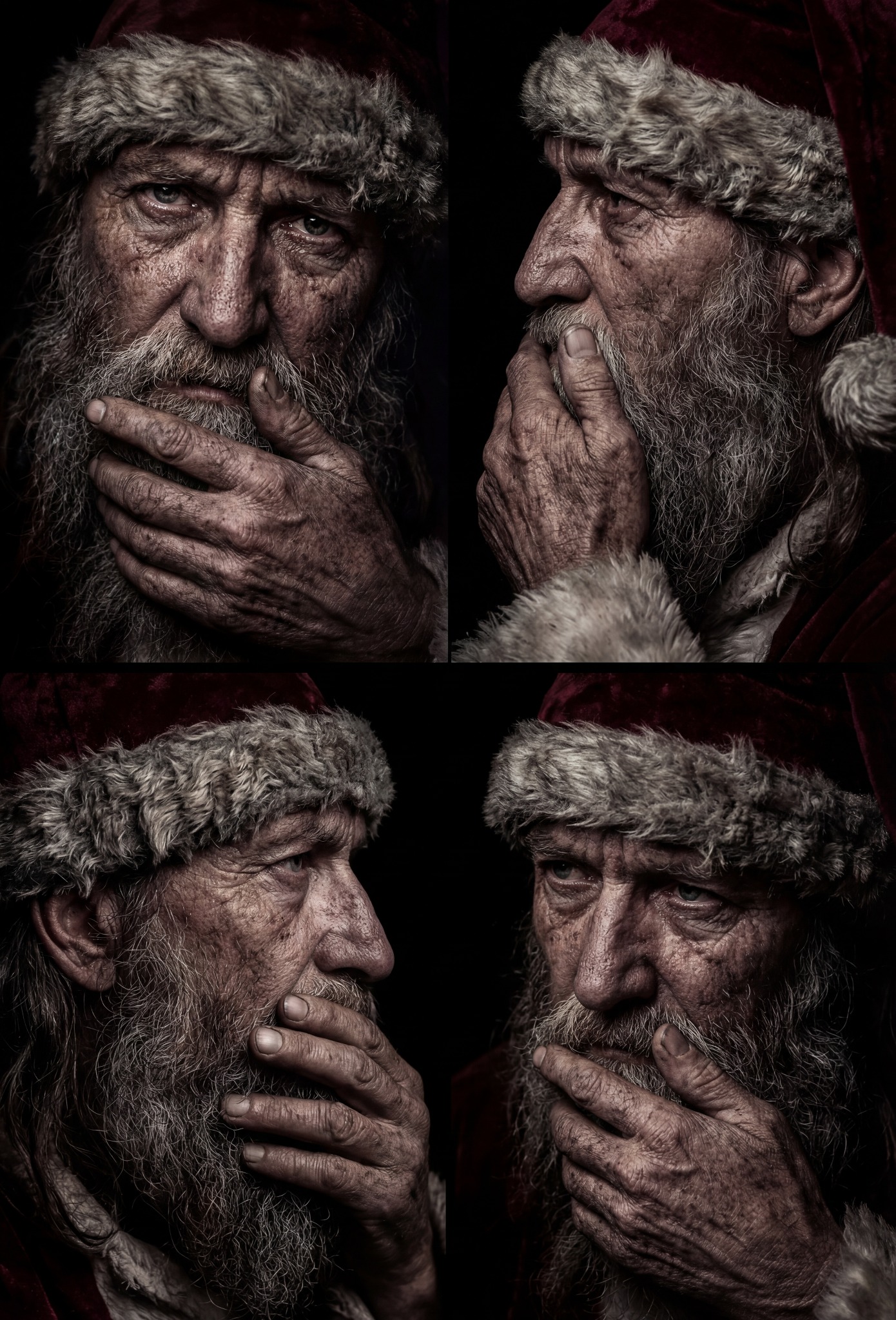 Cztery portrety starszego mężczyzny w stroju Świętego Mikołaja, zamyślony wyraz twarzy, ciemne tło, artystyczne oświetlenie, widoczne detale skóry i brody.