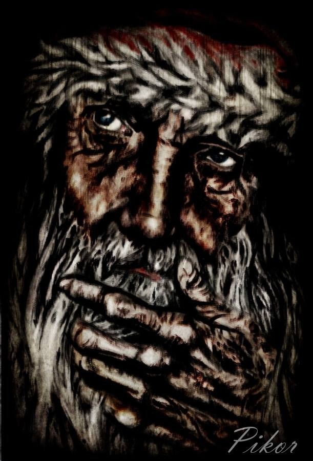 Mroczny portret starca z brodą, wykonany w technice rysunku w Lubinie. Intensywne spojrzenie i ekspresyjna kreska nadają dziełu dramatyczny charakter.