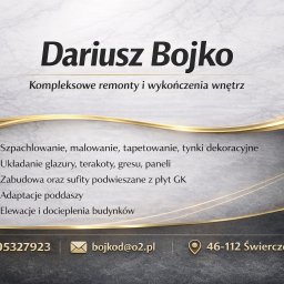 Dariusz Bojko Usługi Ogólnobudowlane - Wizytówka firmy Dariusz Bojko oferującej kompleksowe remonty i wykończenia wnętrz, z listą usług: szpachlowanie, glazura, sufity GK, adaptacje poddaszy, elewacje.