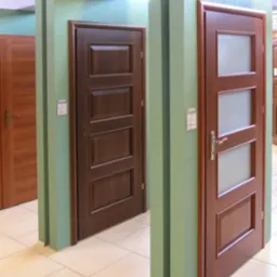 Ekspozycja w sklepie z drzwiami wewnętrznymi: dwoje mahoniowych drzwi, jedne pełne z czterema panelami, drugie z trzema szybami z matowego szkła, prezentowane w zielonych wnękach.