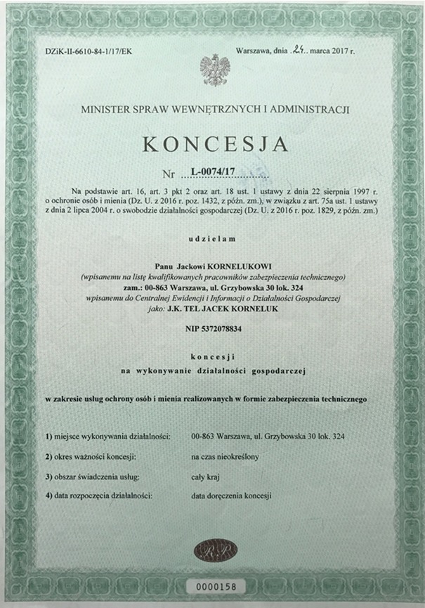 Skan koncesji na wykonywanie działalności gospodarczej w zakresie ochrony osób i mienia, wydanej w Warszawie, 24 marca 2017 r. przez Ministra Spraw Wewnętrznych i Administracji.