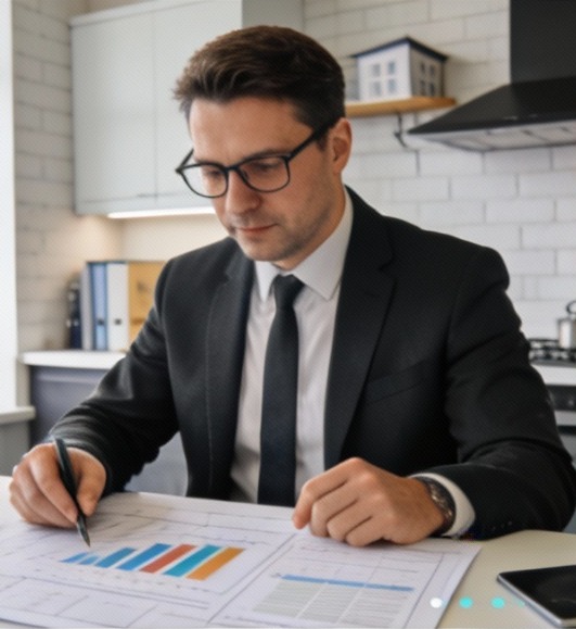 Mężczyzna w garniturze analizuje wykresy słupkowe, siedząc przy biurku w jasnym pomieszczeniu z elementami kuchennymi w tle. Skupiony wzrok, profesjonalny wygląd.