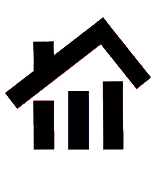 Czarny ikoniczny symbol domu z trzema pionowymi słupkami wewnątrz, przypominającymi wykres słupkowy, na białym tle. Prosty, graficzny znak.