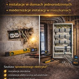 Mateusz Drezin - Uszkodzone gniazdko z wystającymi przewodami, poziomica, skrzynka elektryczna z okablowaniem. Instalacje w domach, modernizacje instalacji w mieszkaniach.