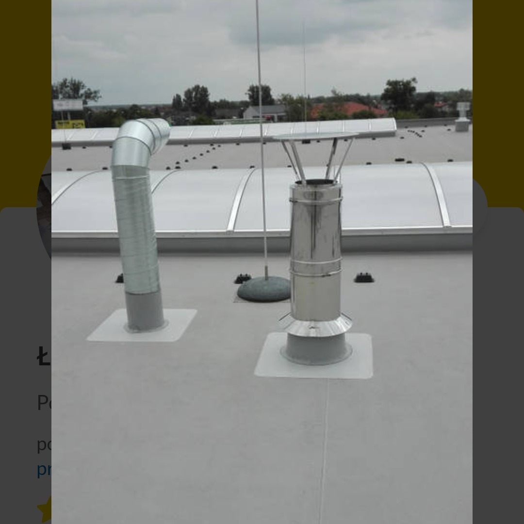 Dwa metalowe kominy na płaskim dachu budynku z szarym pokryciem. Jeden komin z kolankiem, drugi z daszkiem. W tle widoczne budynki i drzewa.