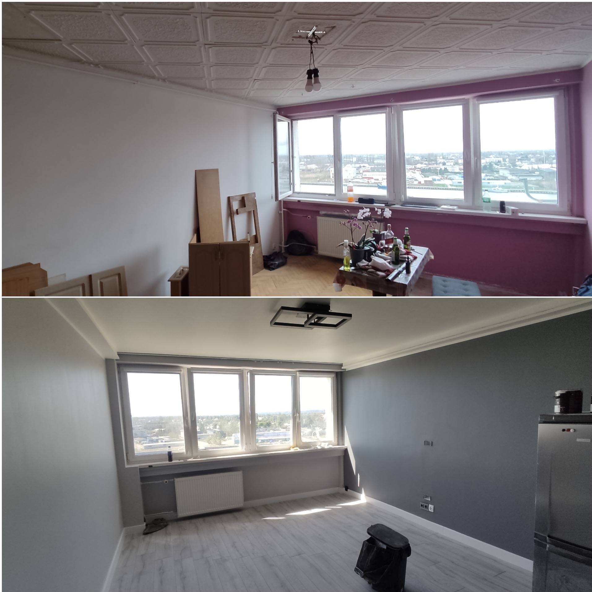 Zdjęcie 'przed i po' remontu pokoju: od białych ścian z surowym sufitem do szarych ścian z nowoczesnym oświetleniem i nową podłogą. Widok z okna pozostaje ten sam.