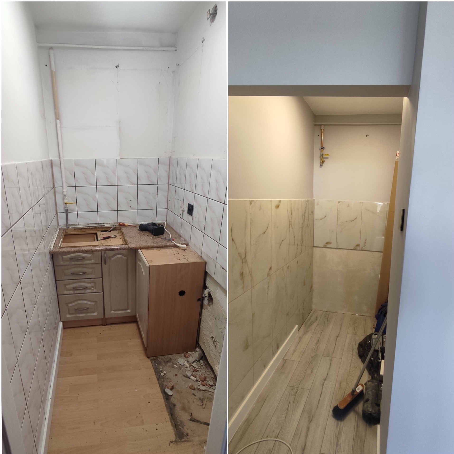 Remont kuchni: porównanie stanu przed i po. Po lewej demontaż starej zabudowy, po prawej nowa glazura i podłoga. Widoczne narzędzia i elementy wykończeniowe.