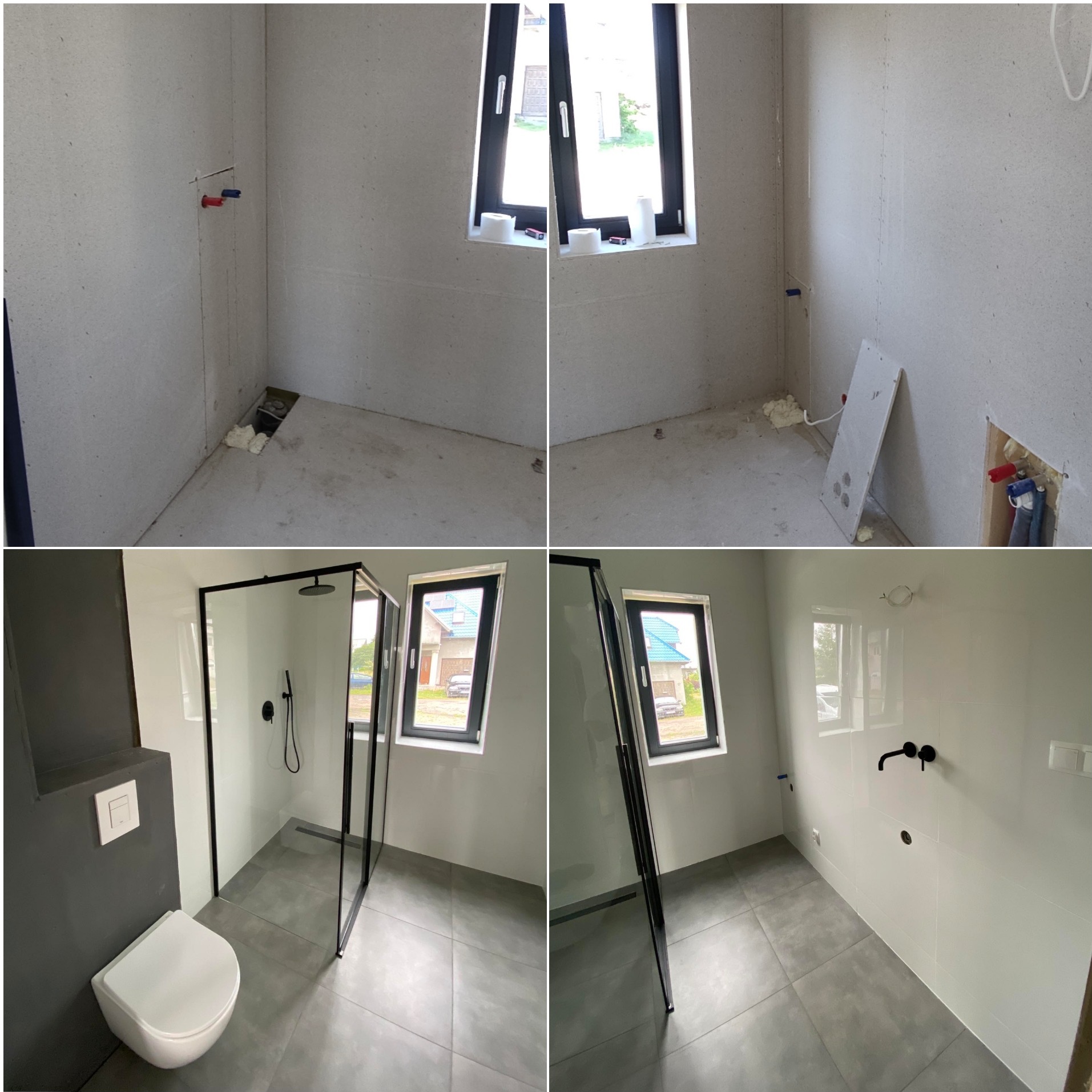 Kolaż: łazienka w stanie surowym i po remoncie. Widoczna kabina prysznicowa z czarnymi elementami, biała toaleta i szare płytki podłogowe. Okno z czarną ramą.