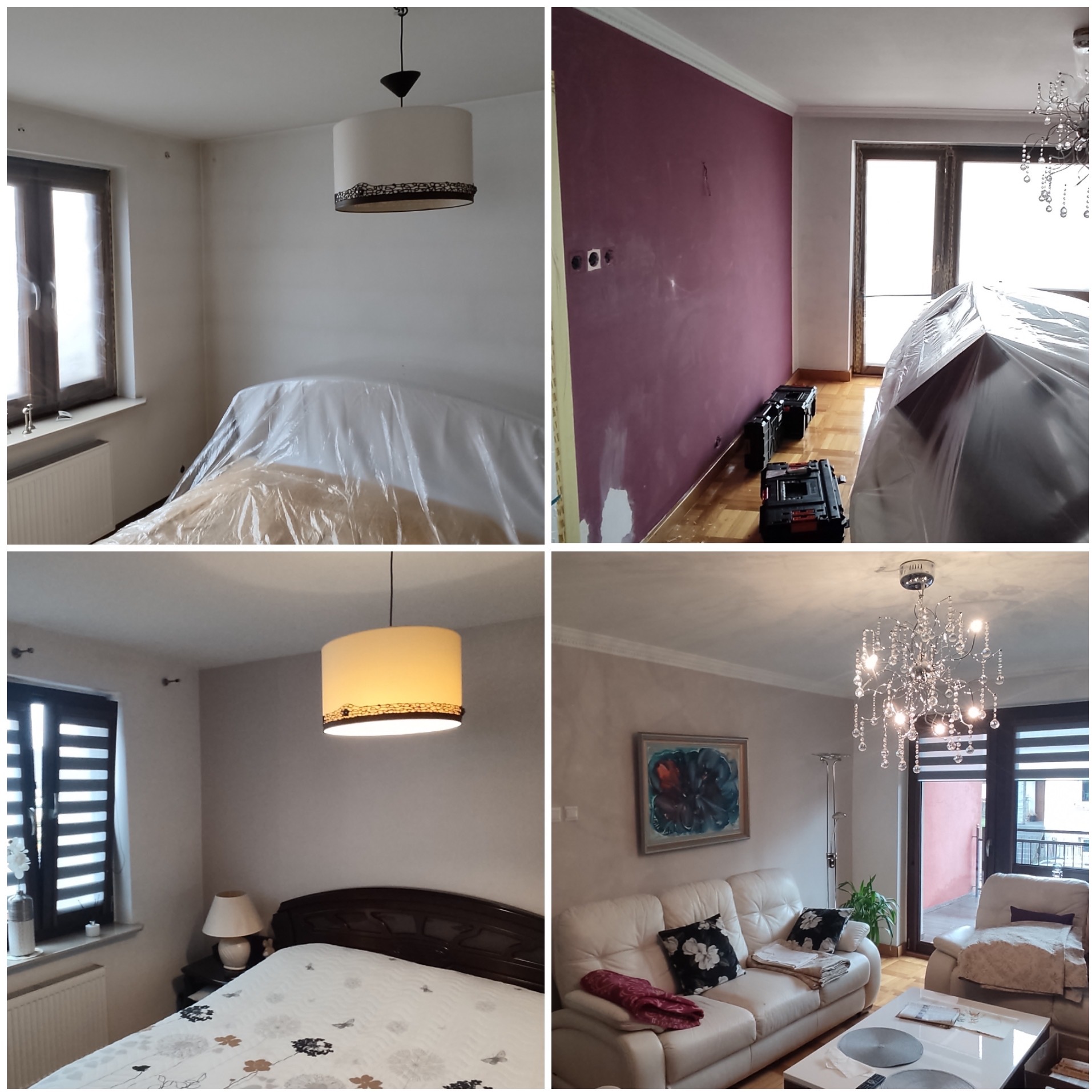 Czteropanelowe ujęcie pokoju przed i po remoncie: od surowych ścian i zabezpieczonych mebli po odświeżone wnętrze z nowym oświetleniem i umeblowaniem.