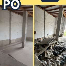 Mobilni24 - Czysta hala magazynowa z betonowymi słupami i drewnianym stropem po opróżnieniu z gruzu i odpadów, zestawiona ze stanem przed uprzątnięciem.