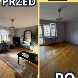 Mobilni24 - Salon przed i po usunięciu wyposażenia: po lewej umeblowany pokój z sofą, szafami i stolikiem kawowym, po prawej puste pomieszczenie z parkietem i dużym oknem.