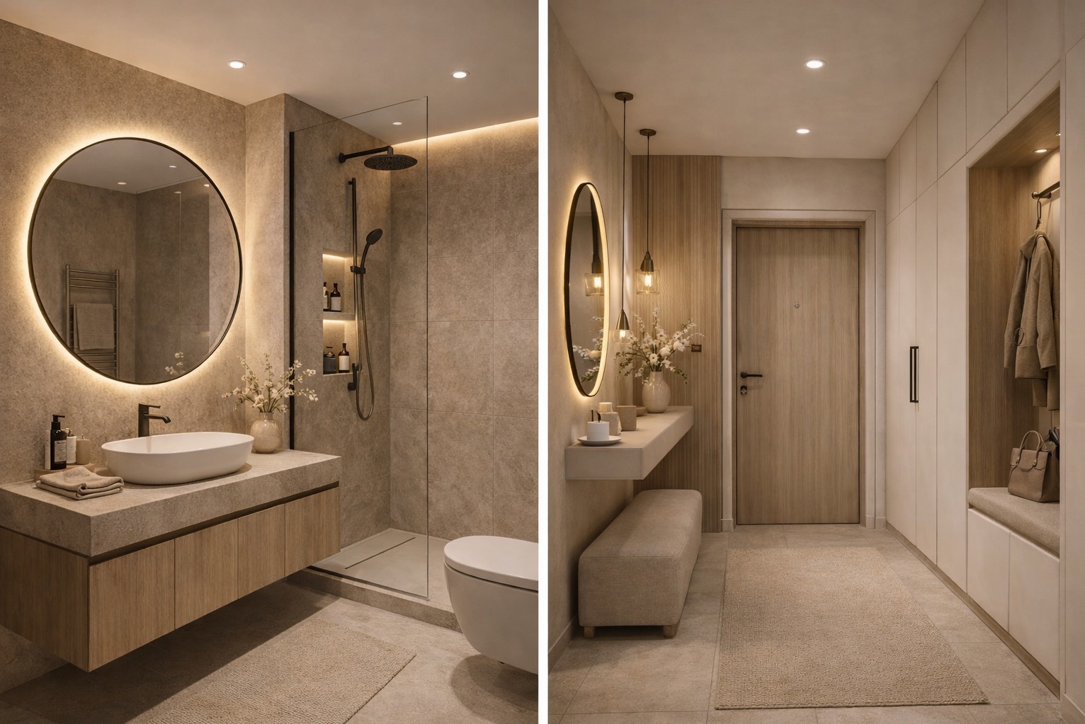 Minimalistyczny projekt łazienki oraz przedpokoju w kolorach ziemi.