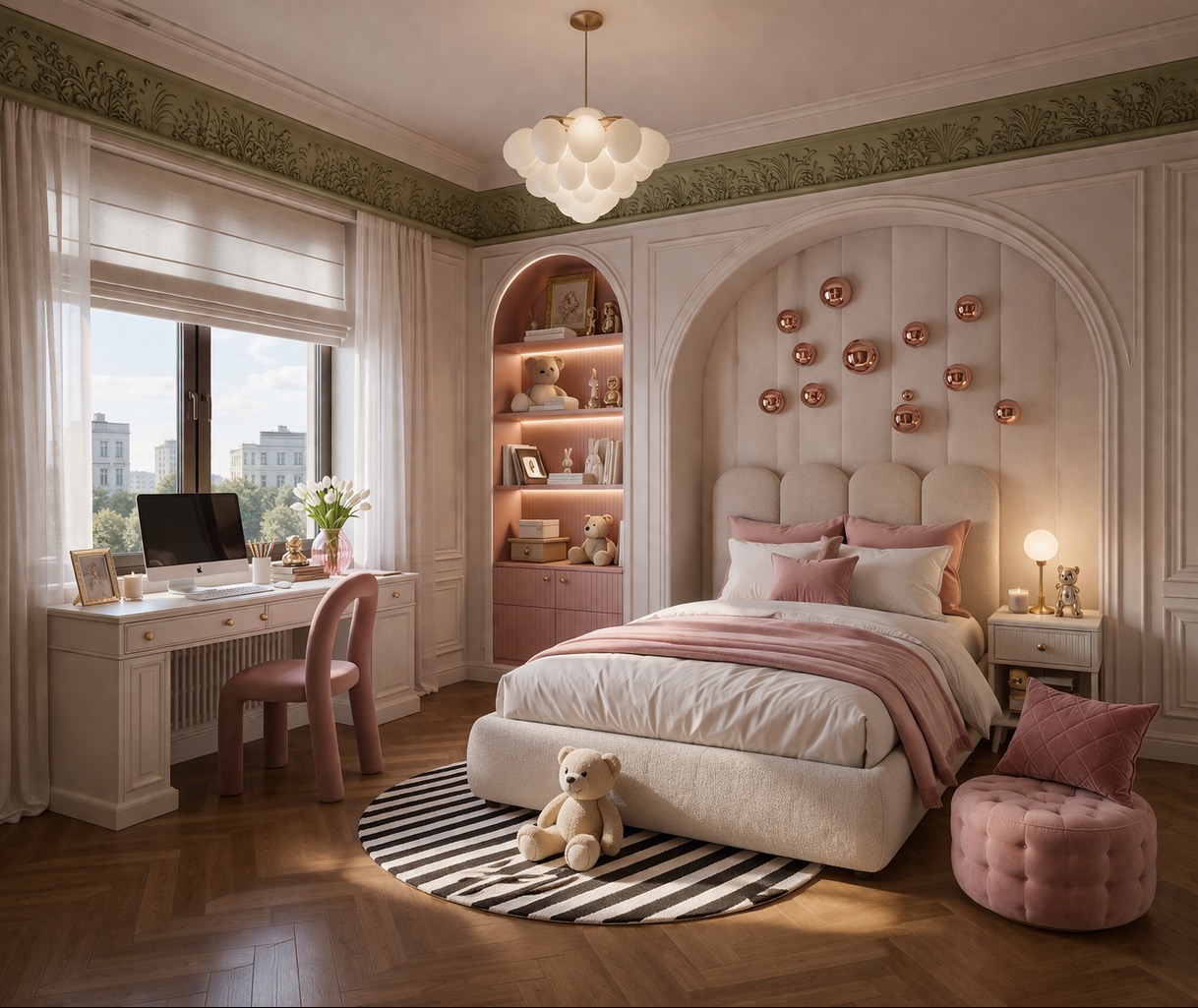 Pokój dziecięcy w Oleśnicy: łóżko z wezgłowiem w kształcie łuku, biurko z komputerem, okrągły dywan w paski i różowe akcenty. Przytulne i stylowe wnętrze.