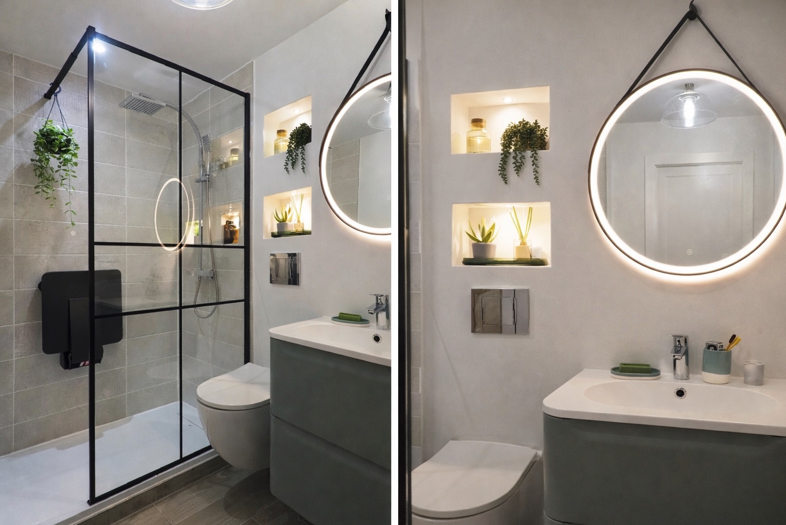 Łazienka dla osoby z niepełnosprawnością. Wygodna z możliwością siedzenia pod prysznicem, łatwa w utrzymaniu czystości.