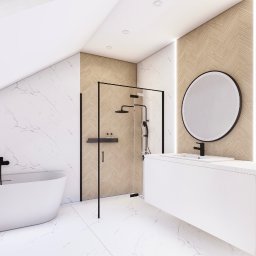 Interiors by Marlena - Jasna łazienka na poddaszu z marmurowymi ścianami, kabiną prysznicową typu walk-in z czarnymi ramami i okrągłym lustrem nad białą szafką z umywalką.