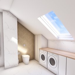 Interiors by Marlena - Jasna łazienka na poddaszu z oknem dachowym. Marmurowe ściany, drewniana ściana z toaletą, pralka pod blatem. Minimalistyczny grzejnik drabinkowy.