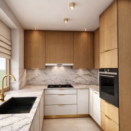 Interiors by Marlena - Kompaktowa kuchnia w kształcie litery U z drewnianymi szafkami, białymi frontami i marmurowym blatem. Złota armatura i subtelne oświetlenie punktowe dodają elegancji.