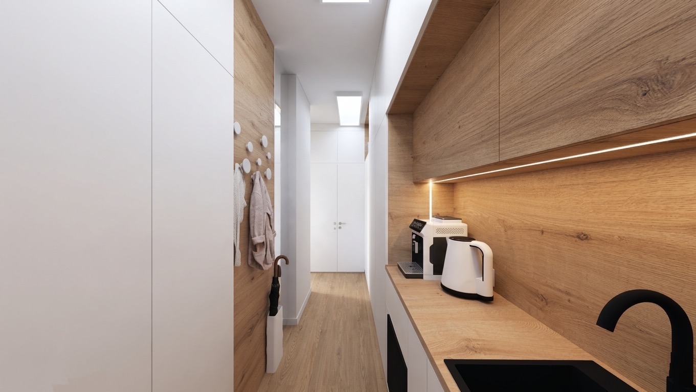 Nowoczesny przedpokój z zabudową meblową: białe szafy, drewniane panele, wieszaki na ubrania, oświetlenie LED, ekspres do kawy. Minimalistyczny design, ciepłe oświetlenie.