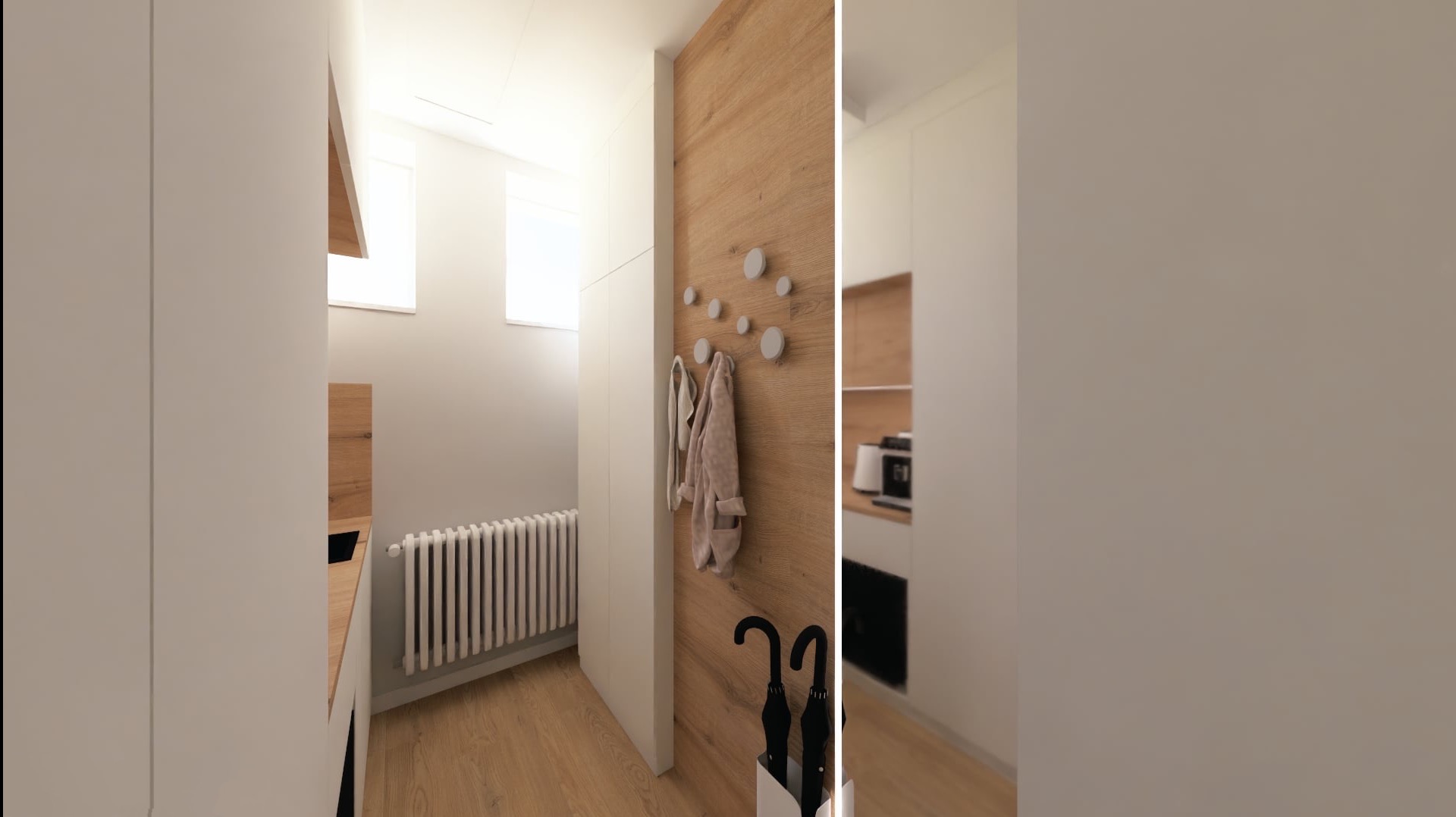 Nowoczesny przedpokój z drewnianą ścianą, wieszakami i grzejnikiem. Minimalistyczny design, jasne kolory, płaszcz i parasole dodają przytulności. Projekt wnętrza z dbałością o detale.