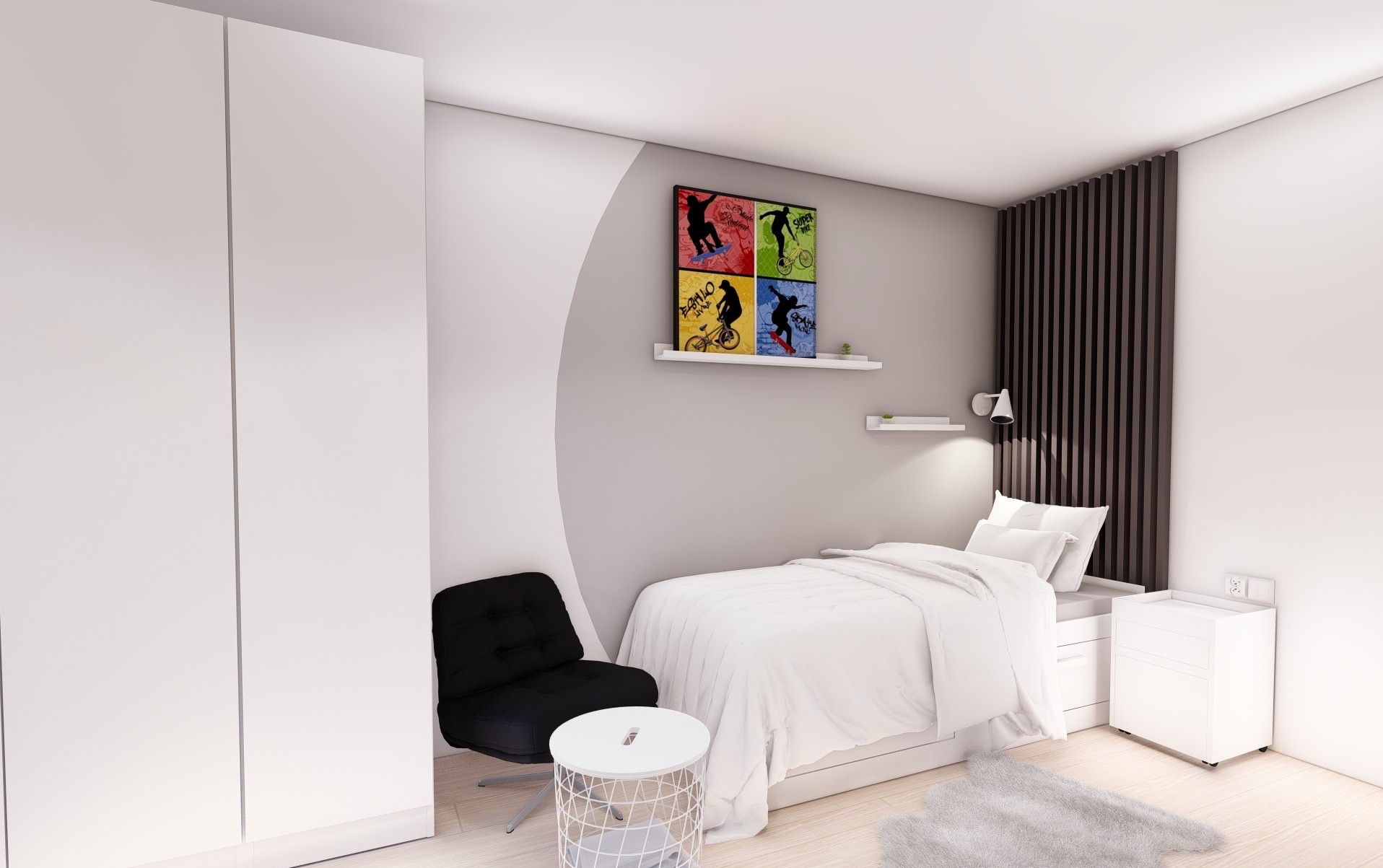 Nowoczesny pokój młodzieżowy z łóżkiem, szafą, czarnym fotelem i kolorowymi plakatami na ścianie. Minimalistyczny design z akcentami kolorystycznymi.