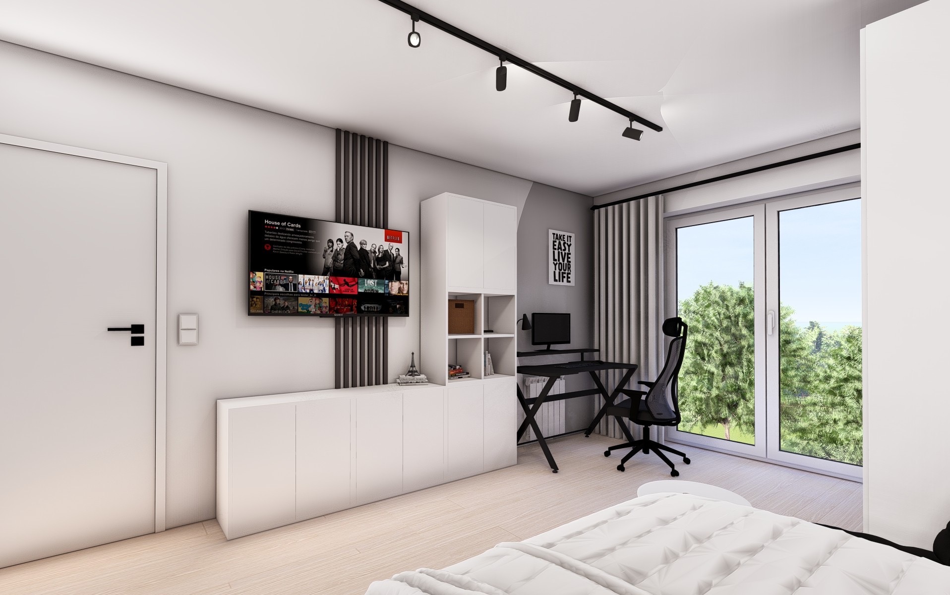 Nowoczesny pokój z białymi meblami, biurkiem i telewizorem. Minimalistyczny design, jasne wnętrze z widokiem na zieleń za oknem. Oświetlenie punktowe na suficie.