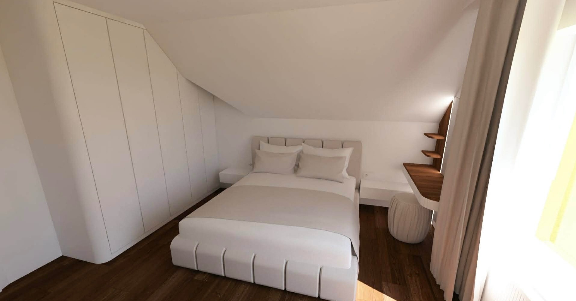 Jasna sypialnia na poddaszu z zabudową szaf wnękowych pod skosem, łóżkiem i toaletką z półkami. Minimalistyczny design, drewniana podłoga, stonowana kolorystyka.
