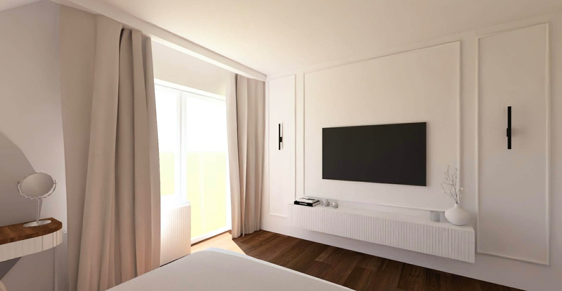 Jasna sypialnia z telewizorem na ścianie, minimalistyczna szafka RTV, drewniana podłoga i beżowe zasłony. Na ścianie dekoracyjne listwy i czarne kinkiety.