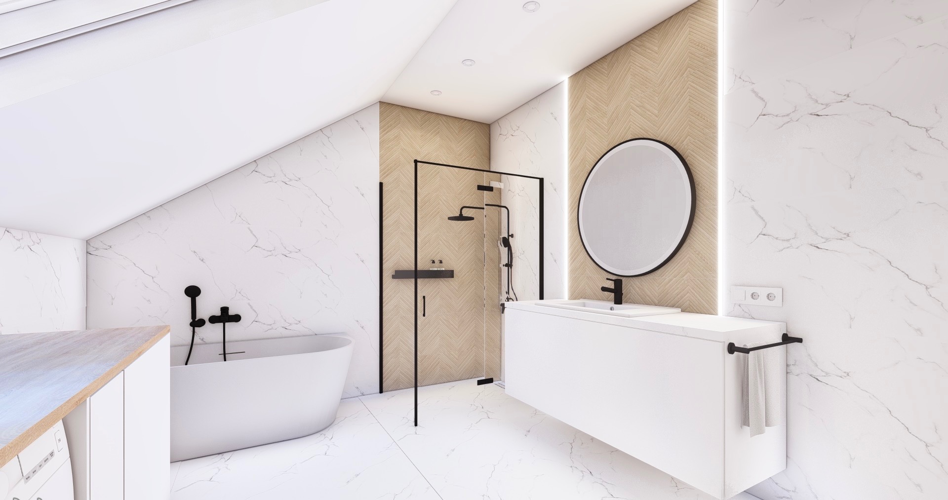 Jasna łazienka na poddaszu z marmurowymi ścianami, kabiną prysznicową typu walk-in z czarnymi ramami i okrągłym lustrem nad białą szafką z umywalką.