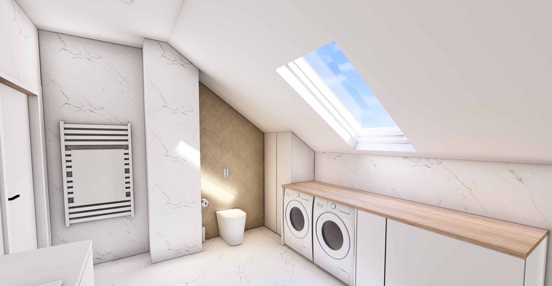Jasna łazienka na poddaszu z oknem dachowym. Marmurowe ściany, drewniana ściana z toaletą, pralka pod blatem. Minimalistyczny grzejnik drabinkowy.