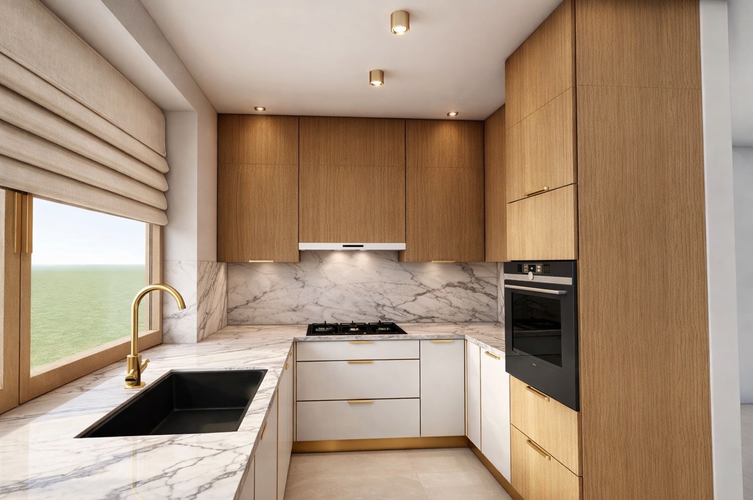 Kompaktowa kuchnia w kształcie litery U z drewnianymi szafkami, białymi frontami i marmurowym blatem. Złota armatura i subtelne oświetlenie punktowe dodają elegancji.