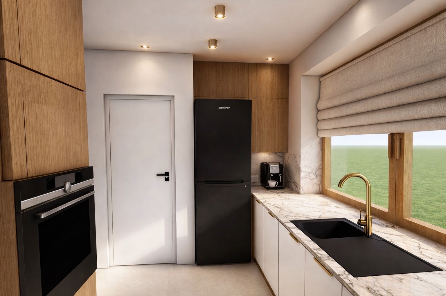 Nowoczesna kuchnia z czarną lodówką Liebherr, białymi szafkami i marmurowym blatem. Złota bateria przy oknie z roletą rzymską. Widoczny ekspres do kawy.