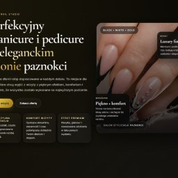 Studio Justyna - Landing page salonu paznokci w estetyce luxury black & gold. Precyzyjna stylizacja, komfort wizyty i efekt premium. Manicure i pedicure budują wrażenie zadbania.