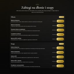 Studio Justyna - Grafika strony internetowej salonu kosmetycznego prezentująca ofertę zabiegów na dłonie i stopy z podziałem na manicure i pedicure oraz opcjami rezerwacji wizyty.