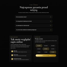 Studio Justyna - Nowoczesny interfejs strony z modułem rezerwacji online, prezentujący sekcję FAQ i kalendarz demo z opcjami wyboru terminu wizyty. Minimalistyczny design, ciemne tło.