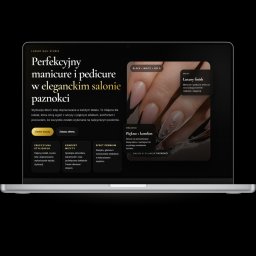 Studio Justyna - Strona internetowa salonu manicure i pedicure w estetyce luxury black & gold na ekranie laptopa. Prezentacja usług, portfolio stylizacji i system rezerwacji online.