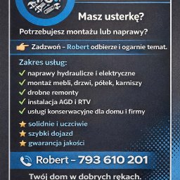 Fachowe usługi domowe - usługa prywatna - Grafika reklamowa usług domowych RJ: naprawy hydrauliczne, elektryczne, montaż mebli, drzwi, AGD/RTV, drobne remonty, usługi konserwacyjne. Solidnie, uczciwie, szybki dojazd, gwarancja.