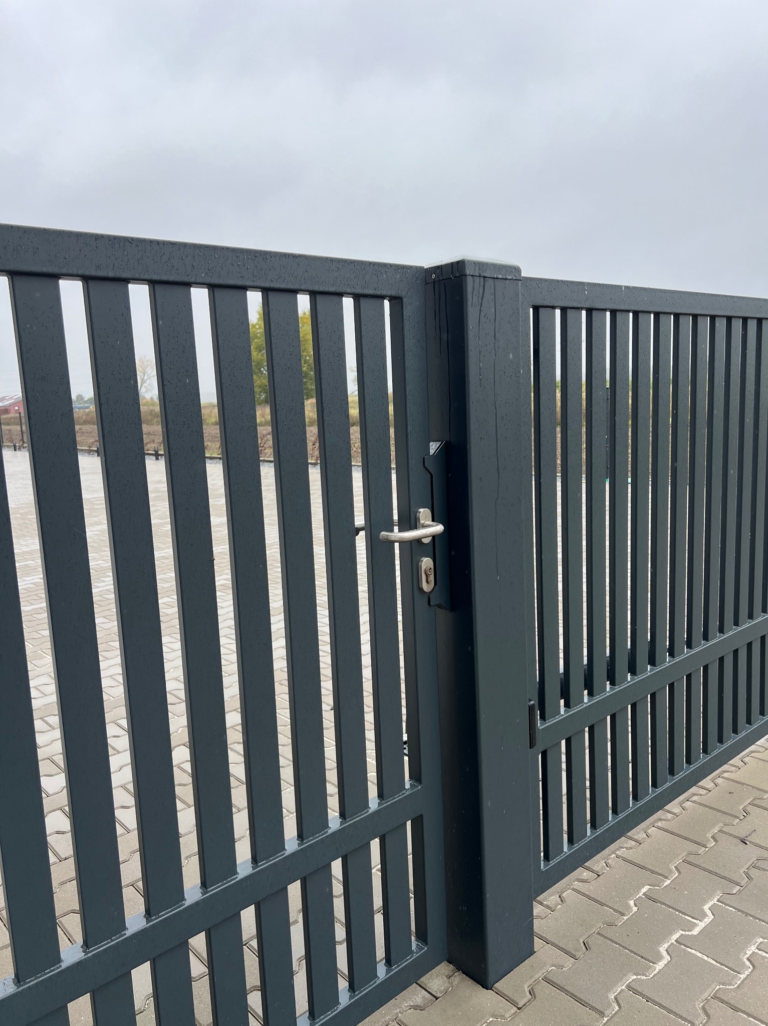 Nowoczesna, grafitowa brama posesyjna z pionowymi sztachetami i srebrną klamką, zamontowana na kostce brukowej w pochmurny dzień. Minimalistyczny design.