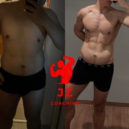 Jakub Zapała - Trener Personalny - Zdjęcie 'przed i po' prezentujące transformację sylwetki mężczyzny, z widocznym logo 'JZ Coaching' w czerwieni, ukazujące efekty treningu personalnego.