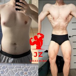 Jakub Zapała - Trener Personalny - Męska sylwetka przed i po treningu, widoczne zmiany w muskulaturze i redukcji tkanki tłuszczowej. Po prawej stronie logo JZ Coaching.