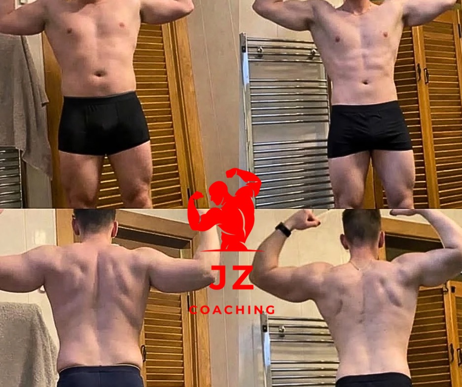 Męska sylwetka przed i po treningu, prezentująca efekty pracy nad muskulaturą, z widocznym logo 'JZ Coaching'.