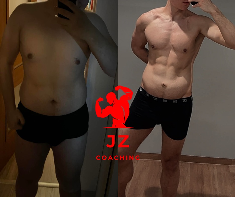 Zdjęcie 'przed i po' prezentujące transformację sylwetki mężczyzny, z widocznym logo 'JZ Coaching' w czerwieni, ukazujące efekty treningu personalnego.