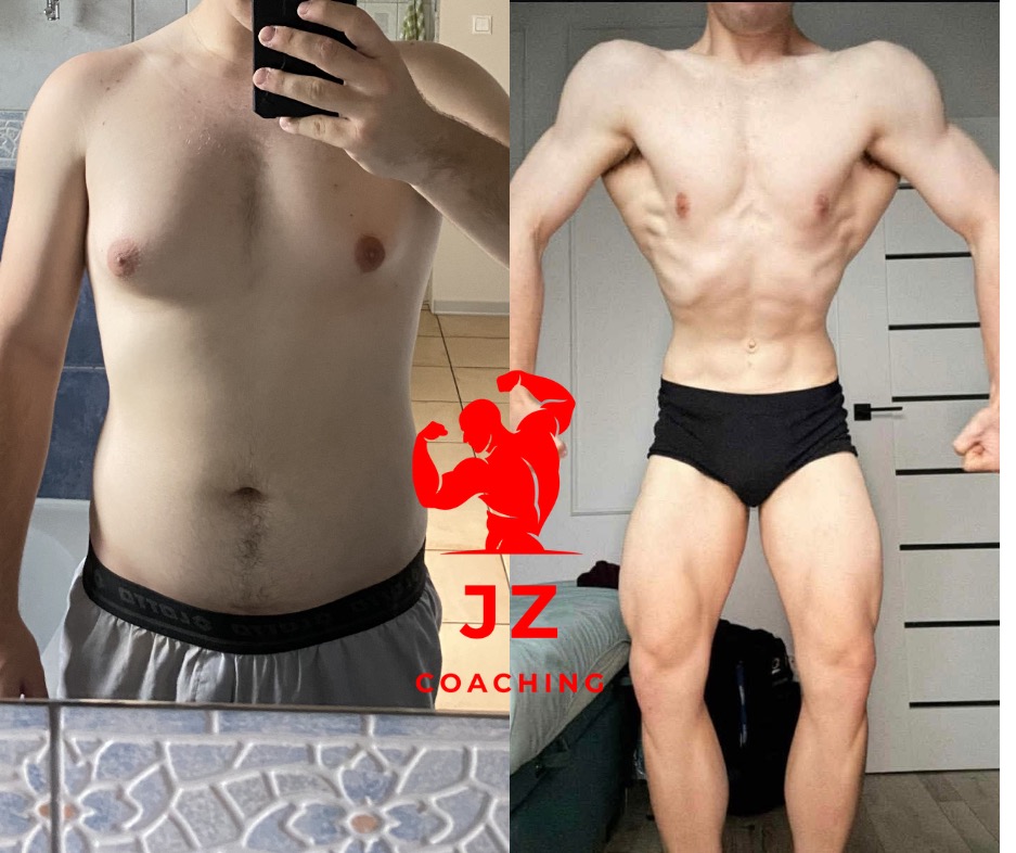 Męska sylwetka przed i po treningu, widoczne zmiany w muskulaturze i redukcji tkanki tłuszczowej. Po prawej stronie logo JZ Coaching.