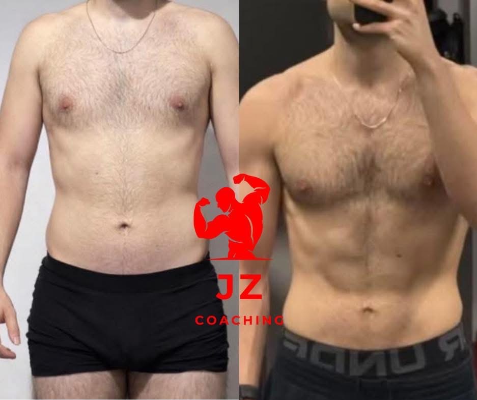 Męska sylwetka przed i po treningu, widoczne zmiany w budowie ciała, poprawa definicji mięśni brzucha i klatki piersiowej. Logo firmy coachingowej nałożone na zdjęcie.