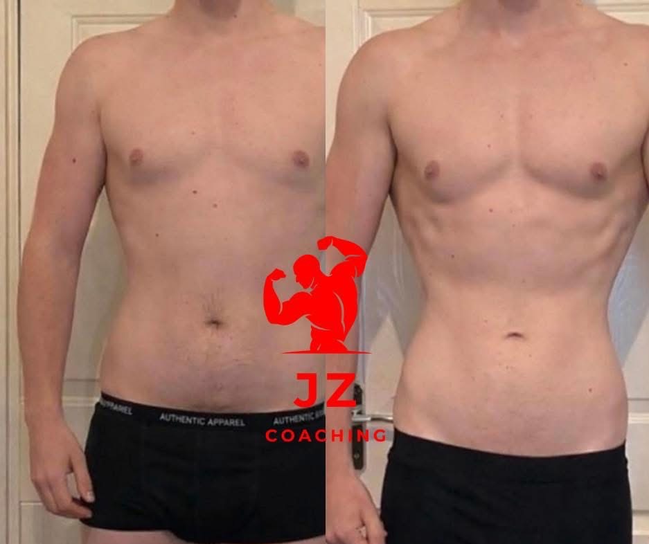 Męska sylwetka przed i po treningu, widoczne zmiany w muskulaturze brzucha i ramion. Logo JZ Coaching w czerwieni. Efekt wizualny transformacji.